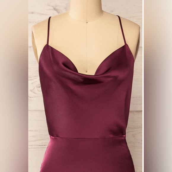 Burgundy Satin cowl neck open back dress with slit - Picture 2 of 7